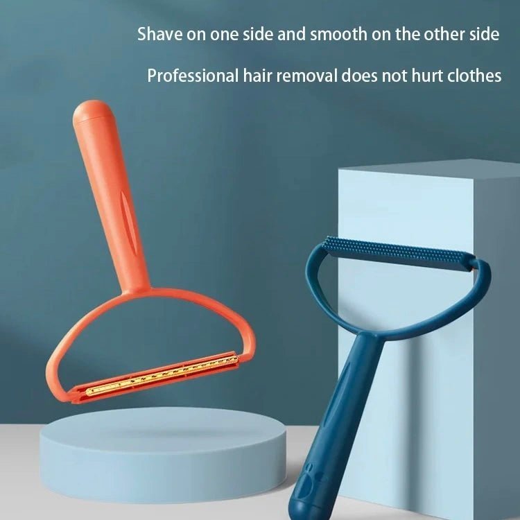 Pet hair remover tools in orange and blue, featuring dual sides for shaving and smoothing, perfect for fur removal.