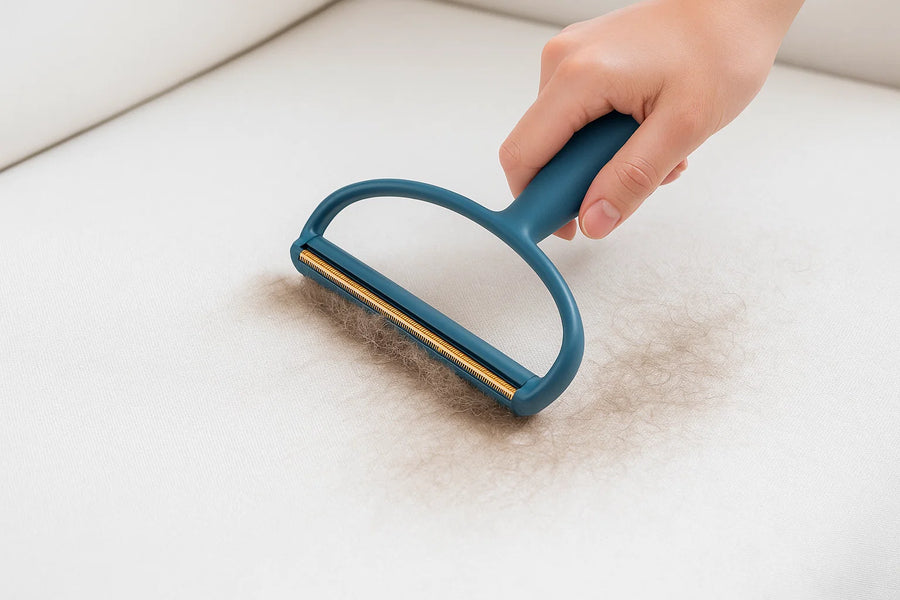 Blue pet hair remover tool collecting fur from a white sofa cushion during use