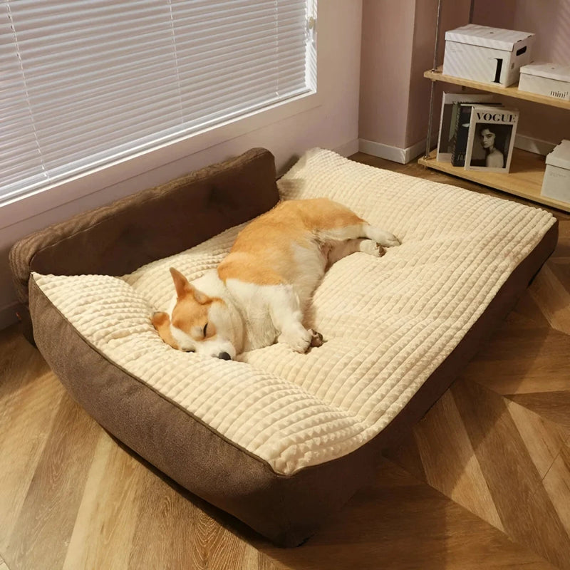 Pet pillow bed with backrest in brown and beige, offering ultimate comfort for dogs, perfect for lounging and napping.