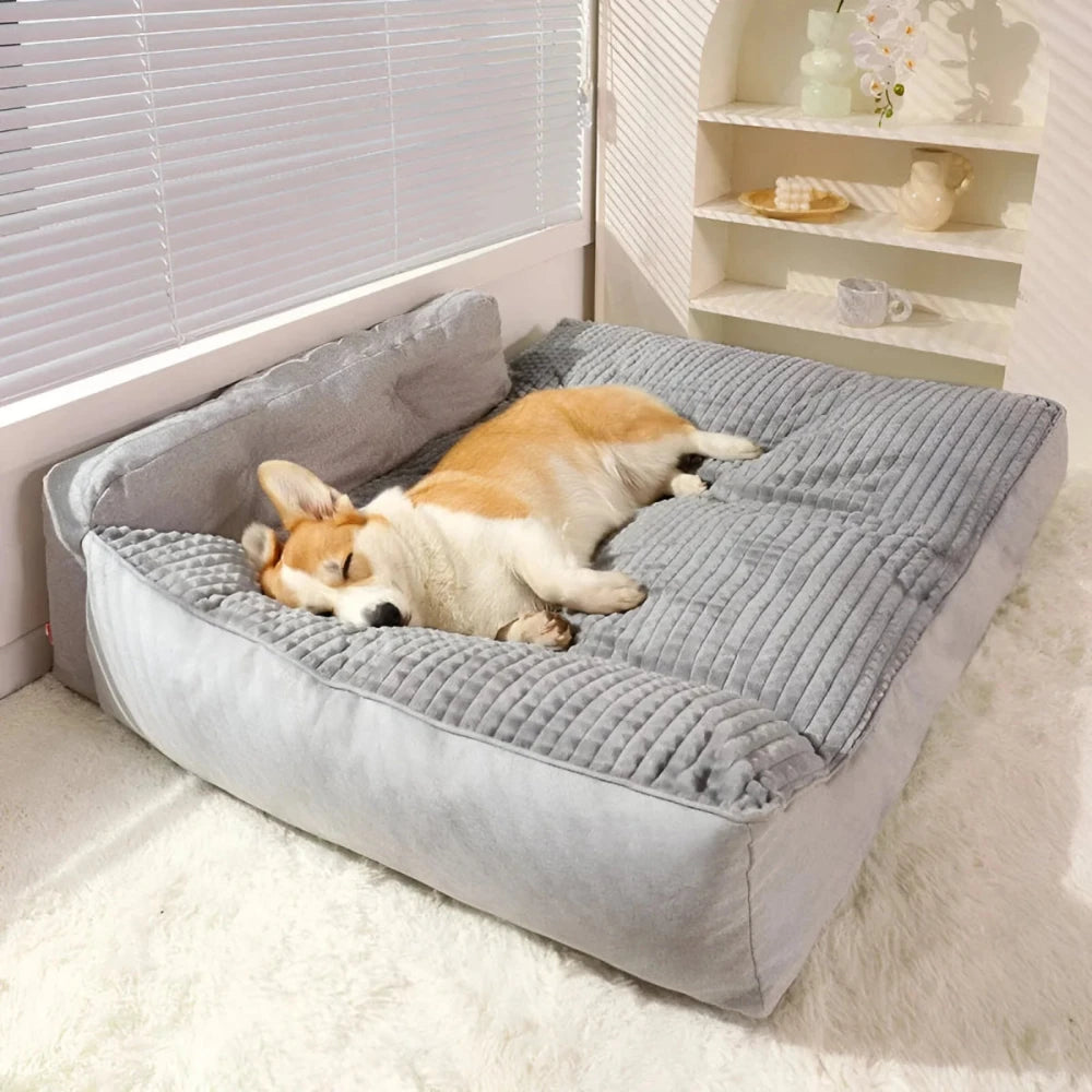 Pet pillow bed with backrest in soft grey, ideal for dogs to sleep comfortably, designed for maximum support and relaxation.