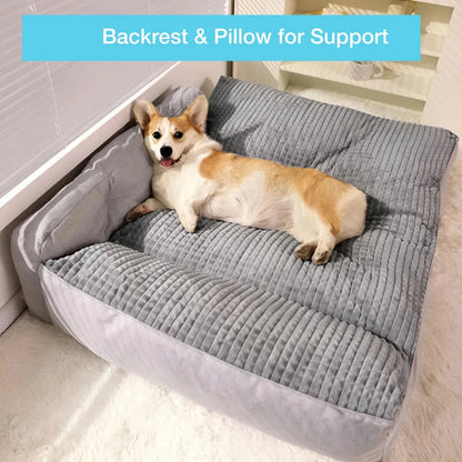 Corgi relaxing on a soft pet pillow bed with a supportive backrest and plush cushion for ultimate comfort.