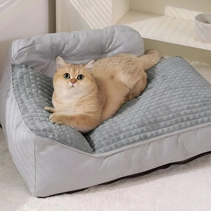 Comfortable grey pet pillow bed with backrest, featuring a plush design ideal for cats to relax and unwind.