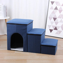 Cat pet stairs in blue fabric with built-in house indoors