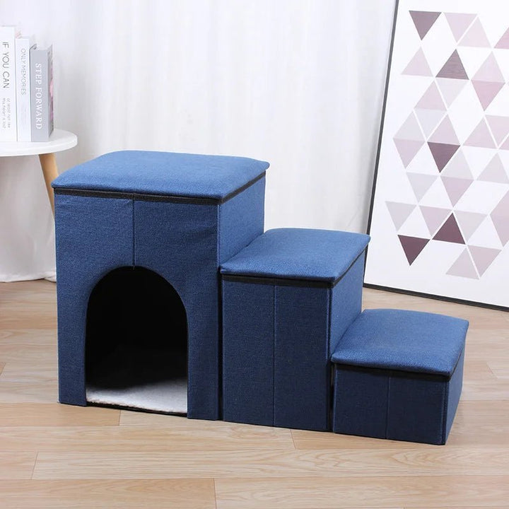Cat pet stairs in blue fabric with built-in house indoors