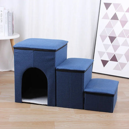 Blue pet stairs with built-in house, providing easy access for pets to climb and a cozy hideaway for rest and relaxation.