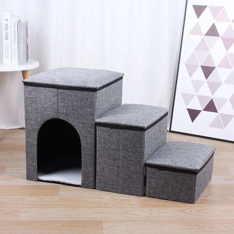 Gray pet stairs with built-in house for small dogs and cats, providing easy access to higher surfaces and cozy shelter.