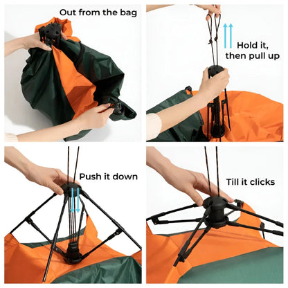 Step-by-step setup of portable pet tent for cats and small dogs, easy to assemble and pack away.