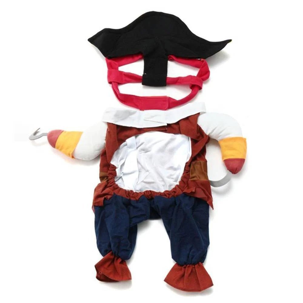 Pirate dog and cat costume laid flat, showing detailed pirate design with hook arm, perfect for Halloween or dress-up events.