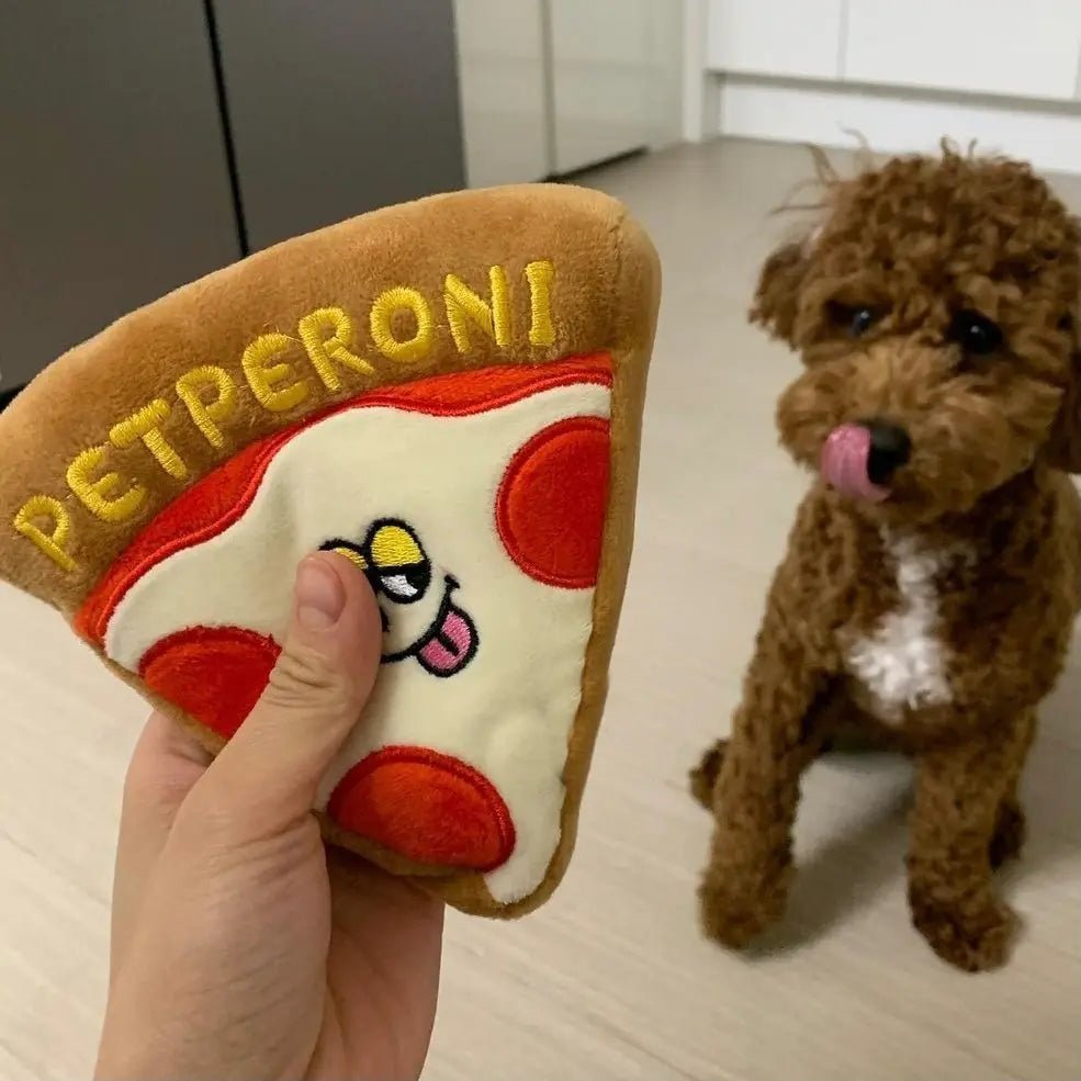 Dog waiting eagerly for a pizza-shaped plush toy, the perfect squeaky playtime treat for dogs who love interactive fun.