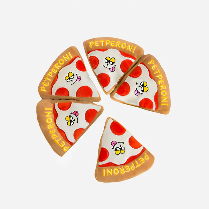 dog toy pizza arranged as plush pizza slices on a clean white background
