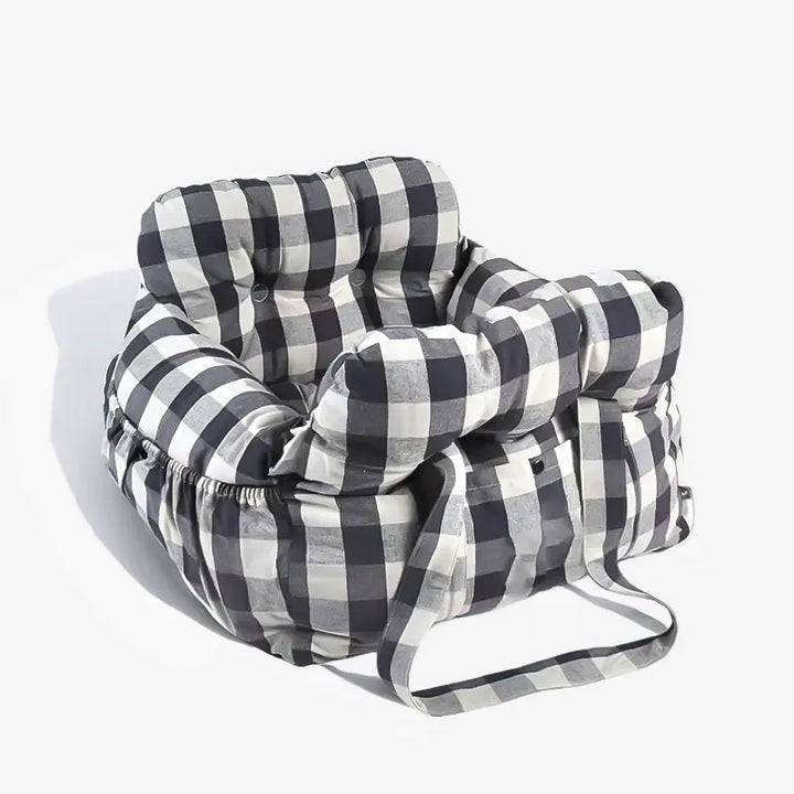 Secure pet car seat with checkered pattern