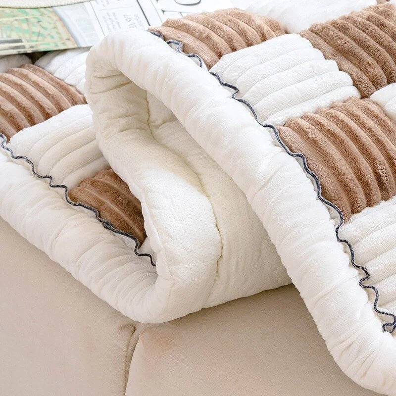 Plush chenille sofa cover in beige and white checkered pattern, providing comfort and protection for pets and furniture.