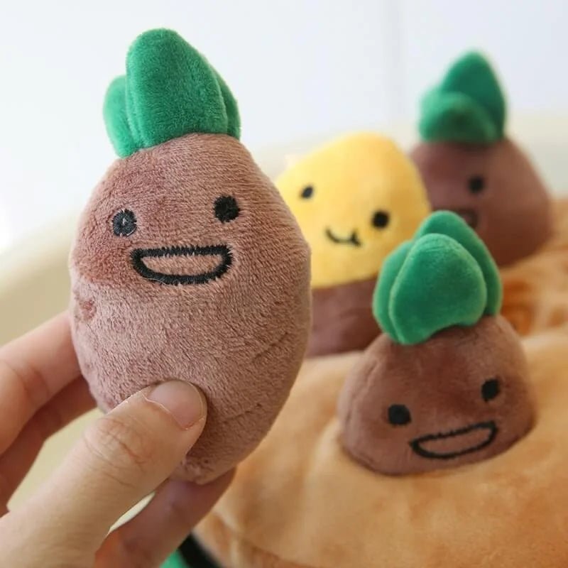 Adorable potato-shaped plush dog sniffing toy with smiley face, perfect for interactive play and sensory stimulation.