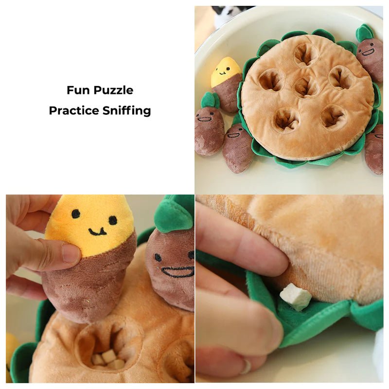 Interactive plush potato puzzle toy for dogs, designed to improve sniffing skills and provide mental stimulation.