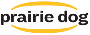 Prairie Dog logo featuring black text with a yellow arc