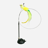 Yellow bird cat toy with feather teaser and suction cup base on a white background