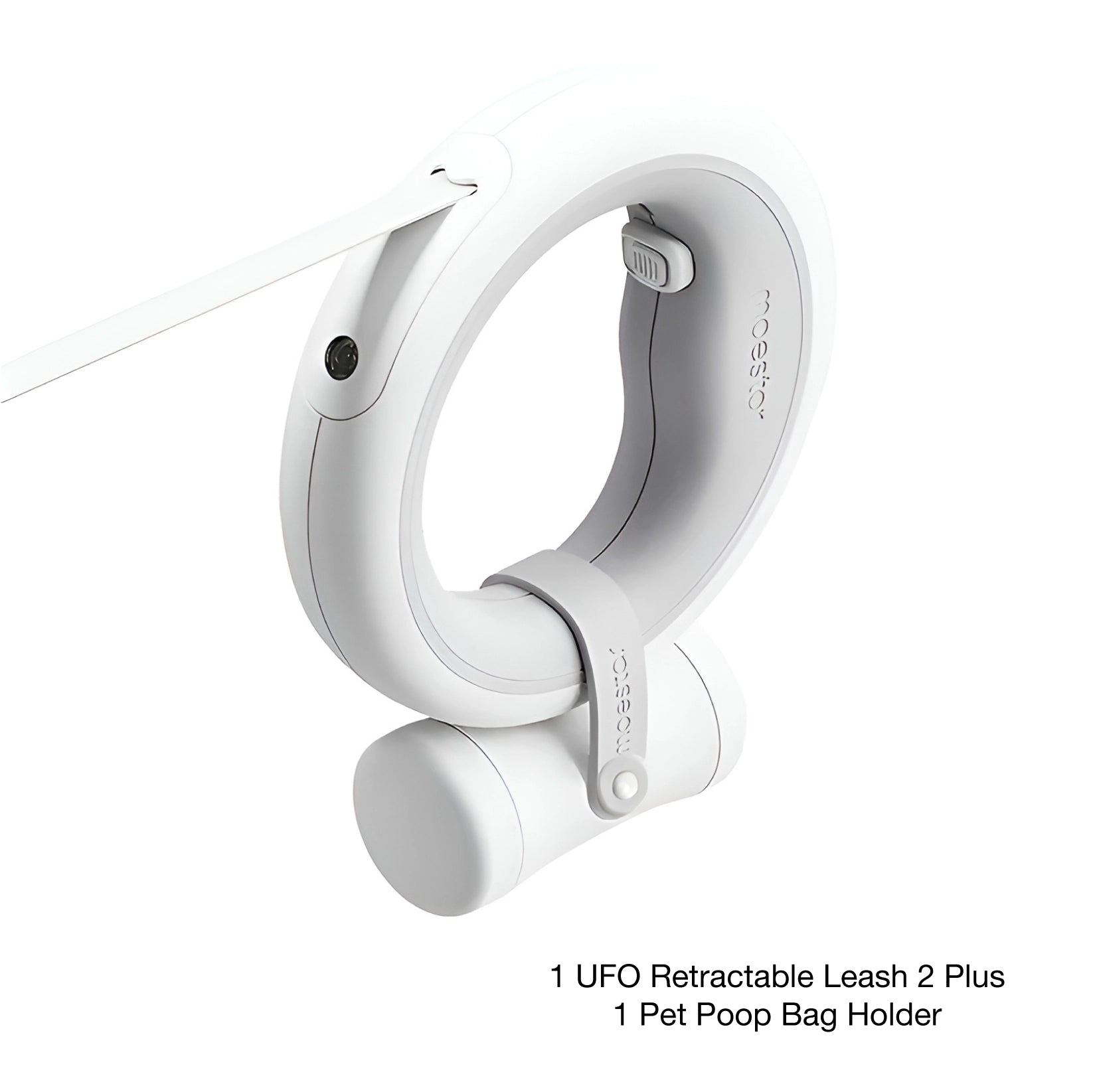 White dog leash with light and bag holder shown with attached poop bag case