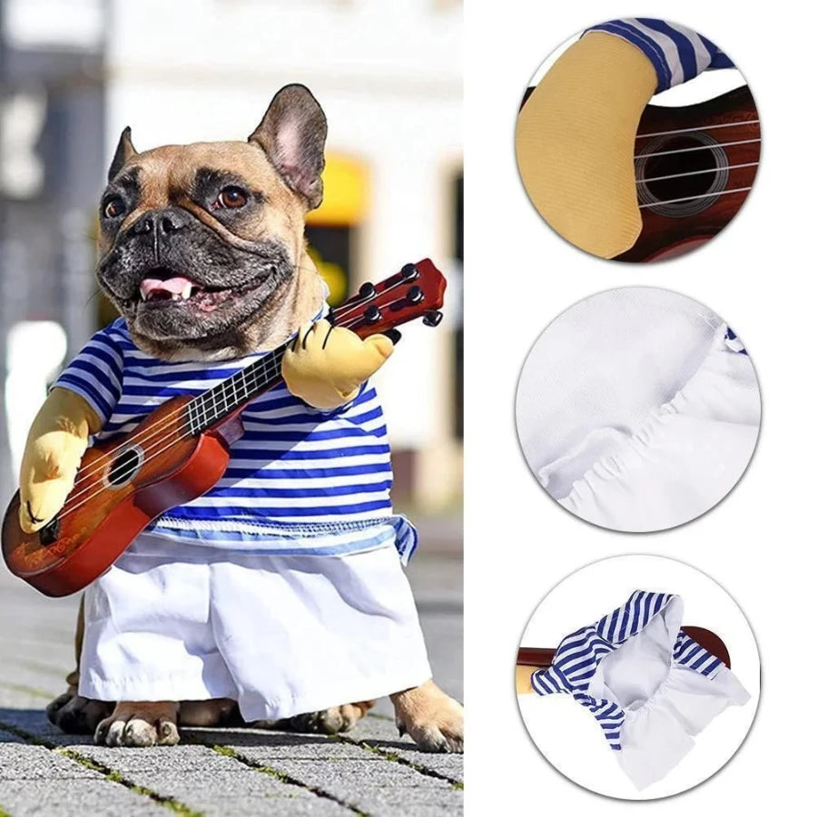 French Bulldog in a rockstar dog costume playing a guitar, ideal for pet events, photoshoots, and Halloween celebrations.