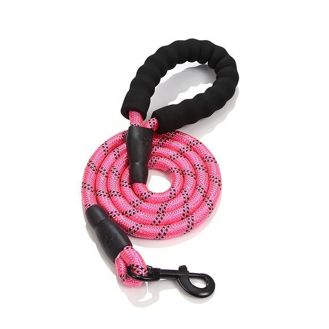 Pink rope dog leash coiled with padded handle on white background