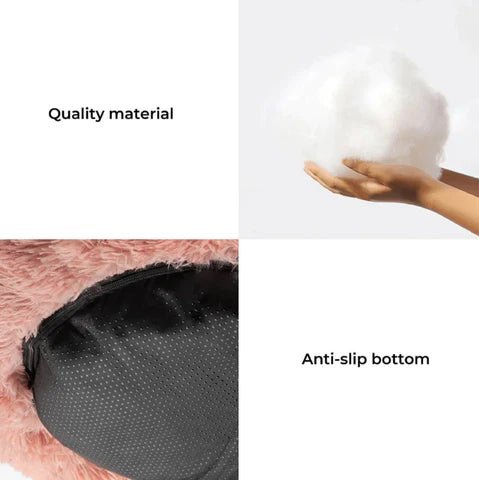 Close-up of the anti-slip base and filling on a plush round pet bed