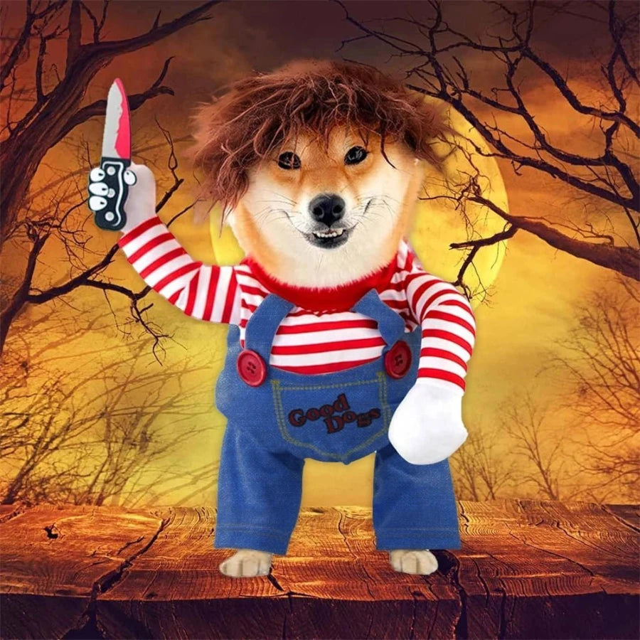 Scary dog costume Chucky outfit for Halloween, featuring a striped shirt, wig, and toy knife for a spooky pet look.