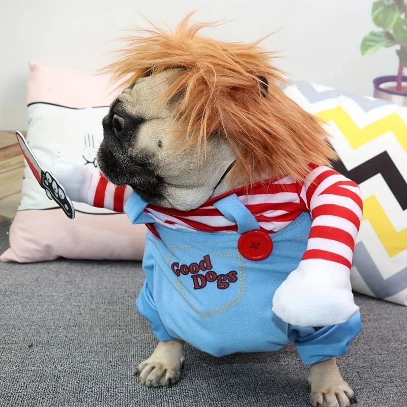 Pug in a Chucky-inspired Halloween dog costume, featuring a red-striped shirt, wig, and toy knife for a spooky pet look.