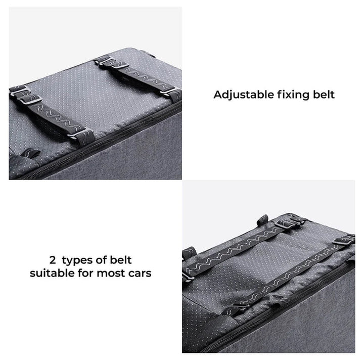 Car console pet chair with strap and durable zipper.