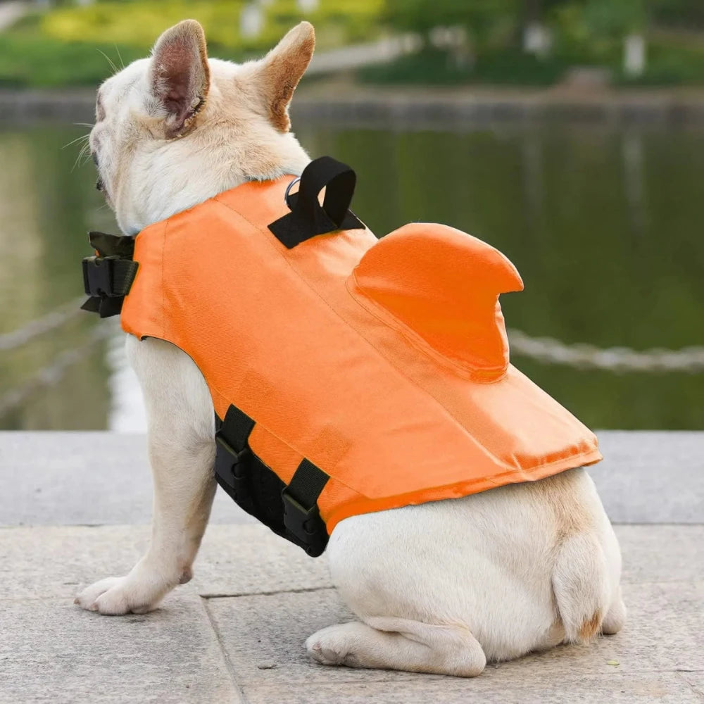 Dog wearing an orange shark life jacket with a fin, perfect for water safety and fun adventures.