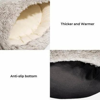 Close-up of plush shell bed for pets, showcasing thick padding, anti-slip bottom, and warm interior for comfort.