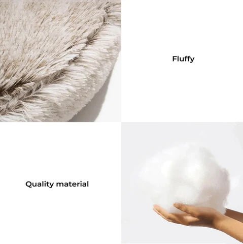 Close-up of fluffy shell-shaped pet bed and quality filling material, offering softness and durability for pets.