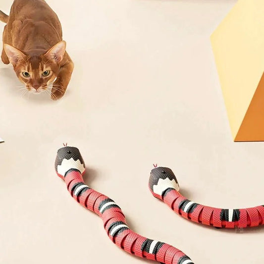 Cat playing with interactive smart sensing snake toy, perfect for engaging and entertaining pets with lifelike movements.