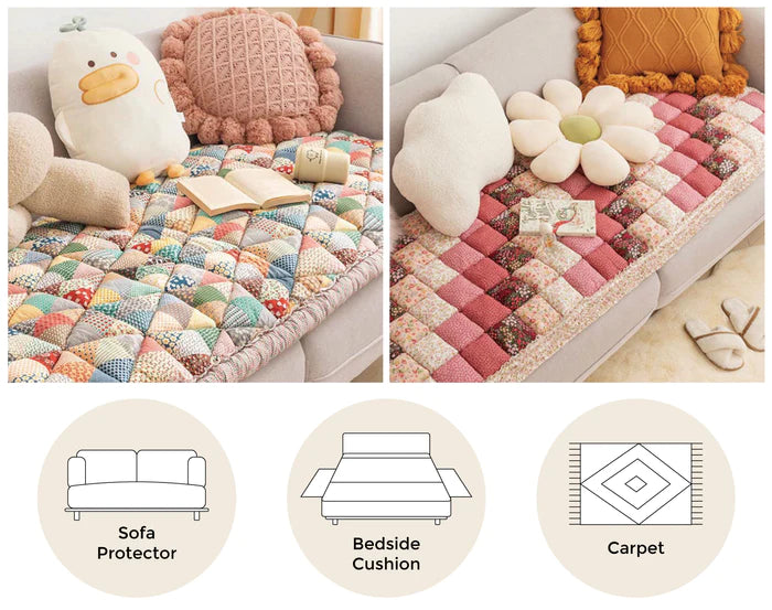 sofa pet cover shown in patchwork styles for use as a sofa protector, bedside cushion, or carpet