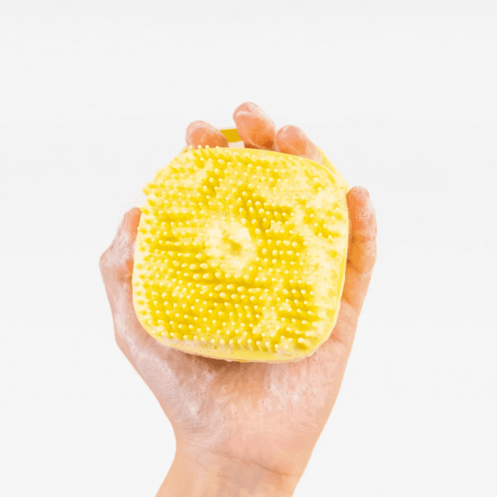 Shampoo dog brush in a soapy hand on a white background