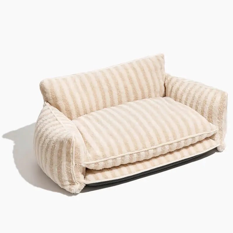 Beige striped plush sofa bed for dogs and cats, offering soft comfort and elegant design for your pet's relaxation.