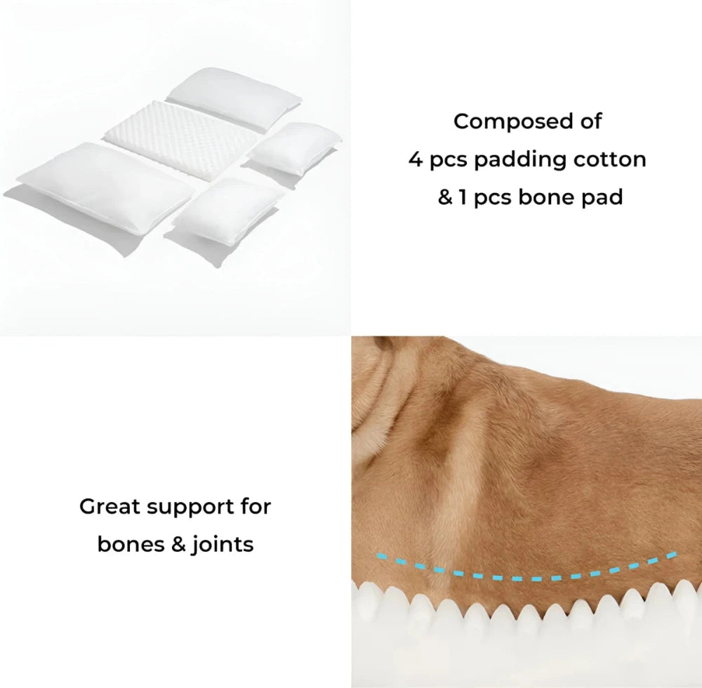 Dog bed padding with 4 cotton pieces and bone pad, designed for optimal support of pet's bones and joints.