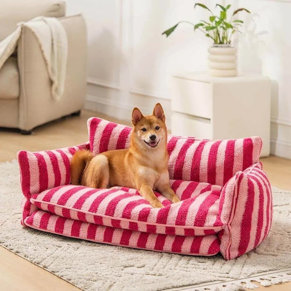 Dog lounging on a pink striped plush sofa bed, perfect for pets, featuring soft faux lamb wool and cozy design.