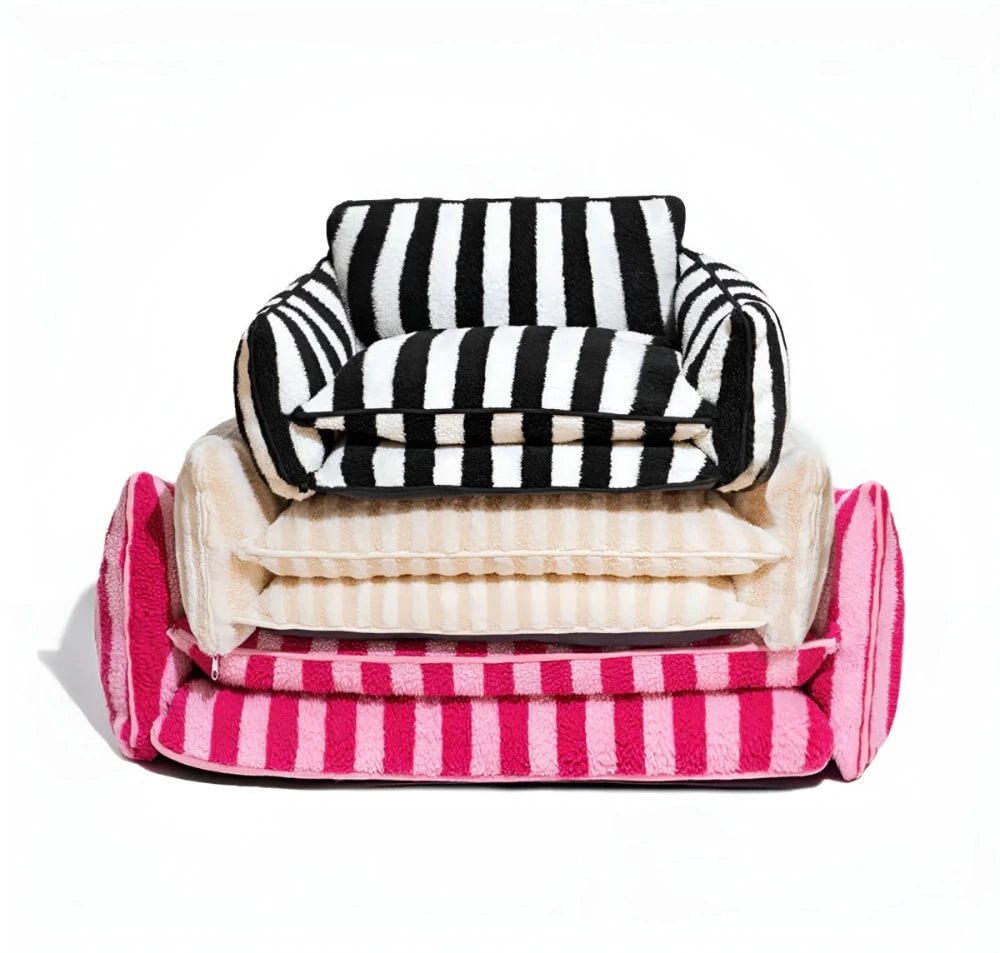 Striped plush dog and cat sofa beds in black, beige, and pink, offering cozy and stylish lounging for pets.