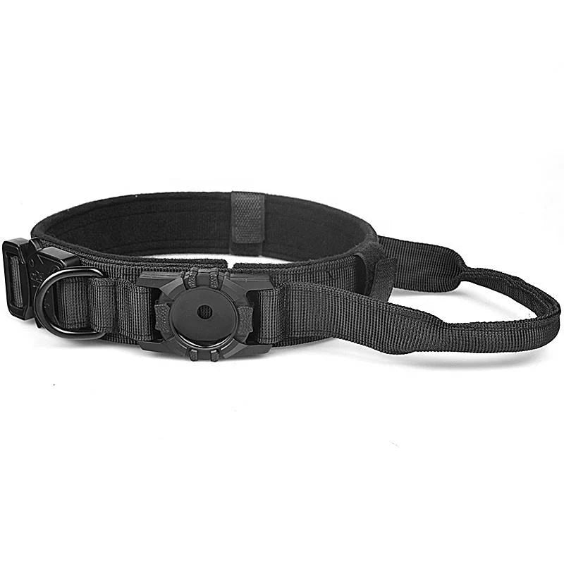 Black tactical dog collar on a white background with airtag holder and control handle