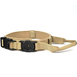 Brown tactical dog collar on a white background with airtag holder and control handle