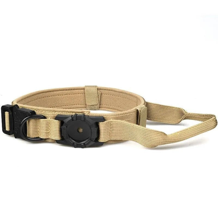 Tactical dog collar with AirTag holder for GPS tracking, ideal for outdoor activities