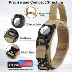 Detailed features of tactical dog collar with AirTag holder, including D-ring, zinc alloy buckle, and personalized patch panel.