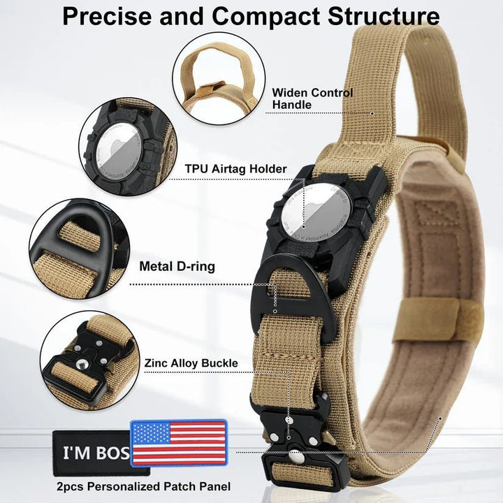 Detailed features of tactical dog collar with AirTag holder, including D-ring, zinc alloy buckle, and personalized patch panel.
