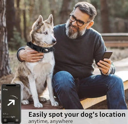 Man using smartphone to track his Husky with a tactical dog collar featuring an AirTag holder for easy location tracking.