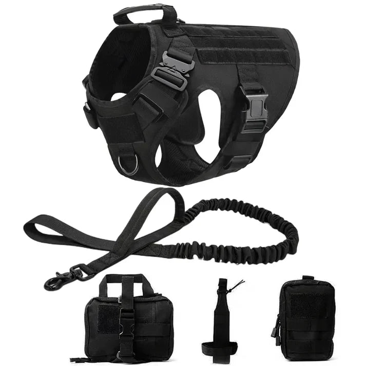 Tactical dog harness with handle set with bungee leash and detachable pouches on a white background