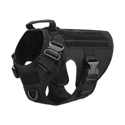 Black tactical dog harness with handle, adjustable straps, and metal D-ring on a white background