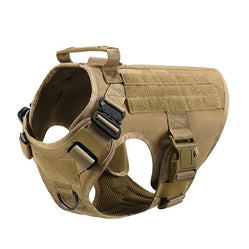 Brown tactical dog harness with handle, adjustable straps, and metal D-ring on a white background