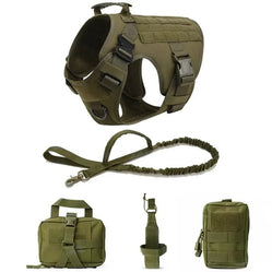 Training tactical dog harness set with bungee leash and detachable pouches on a white background