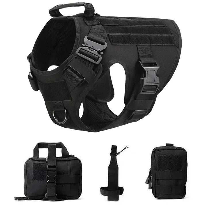 Tactical dog harness vest set with detachable pouches on a white background
