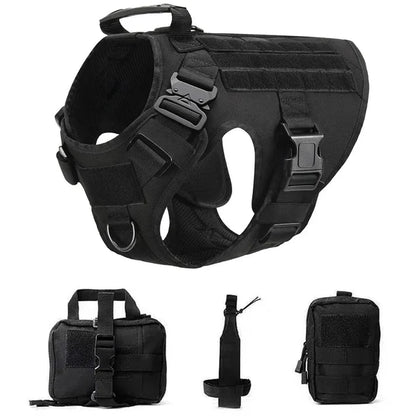 Tactical dog harness vest with handle and accessories, perfect for training and outdoor adventures.