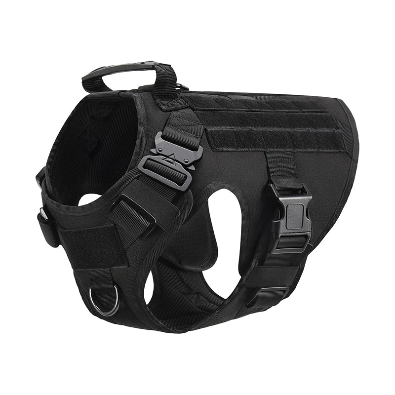 Black tactical dog harness vest with heavy-duty buckles, no-pull design, and sturdy handle for control.